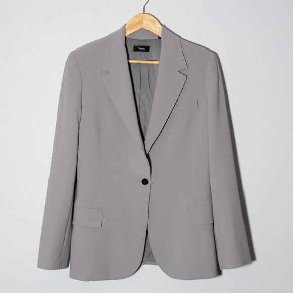 Theory Fitted Blazer Modern Crepe Gray Slim Fit Blazer Suit Jacket Women's 10 - Picture 1 of 7